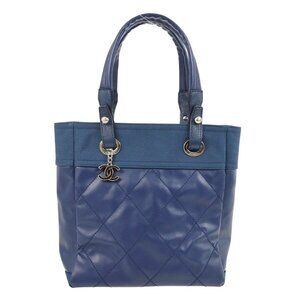Auth Chanel Blue Coated Canvas Paris-Biarritz Tote PM Handbag